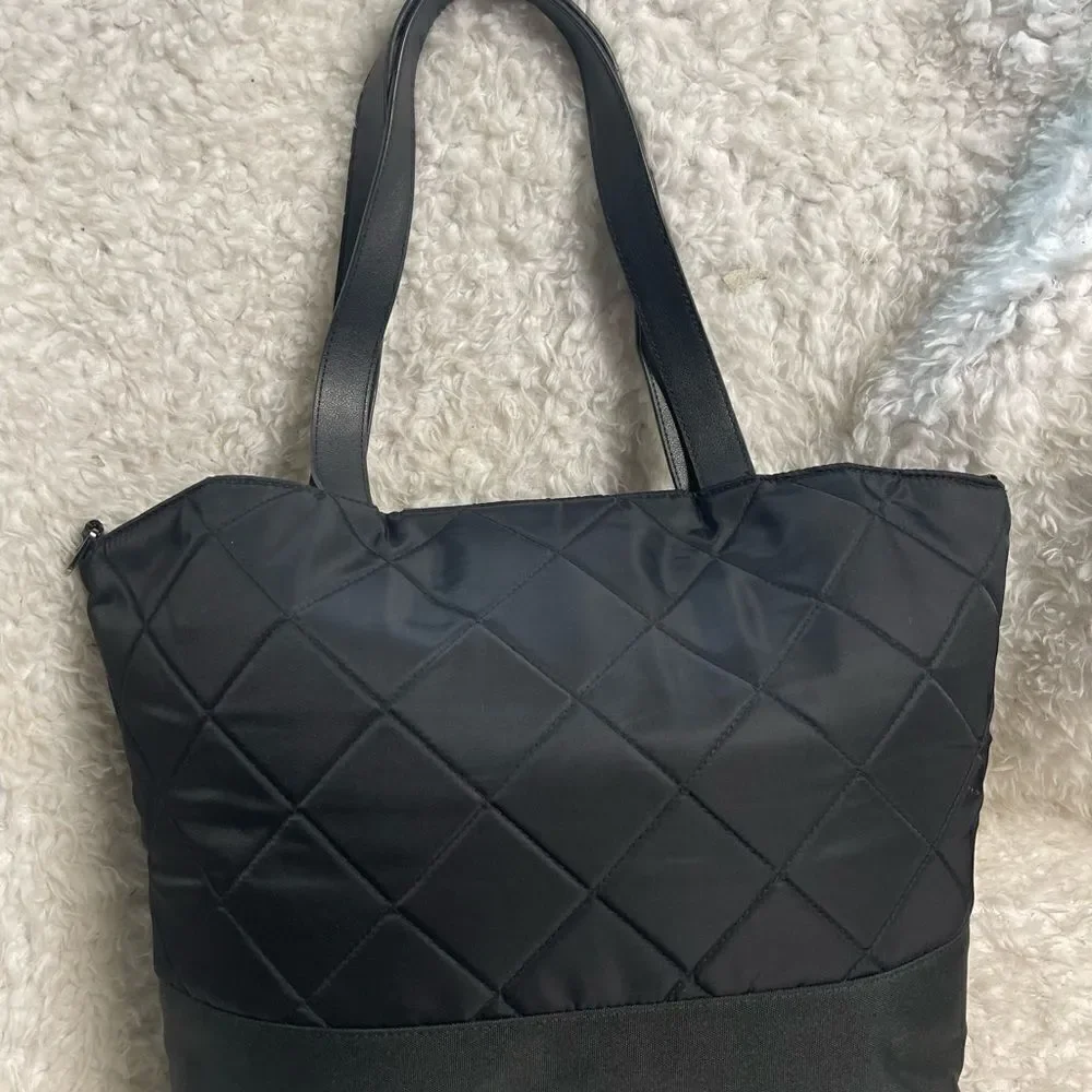 Paper Clip Black Nylon Quilted Large Diaper Bag silver tone hardwares.